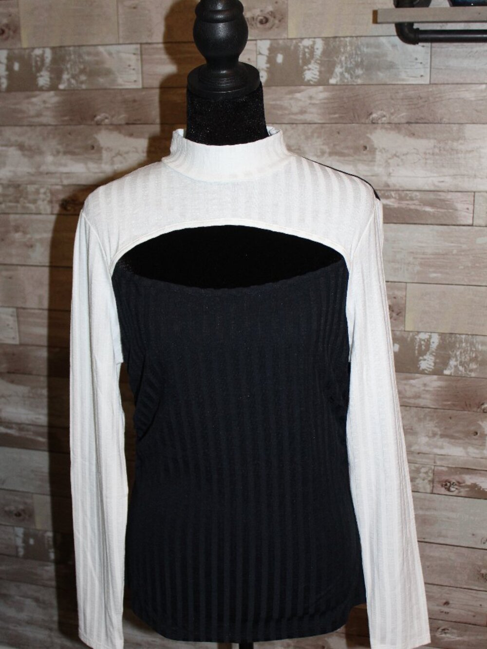 Black White Two-toned Knit Peep Hole Mock Neck Top
